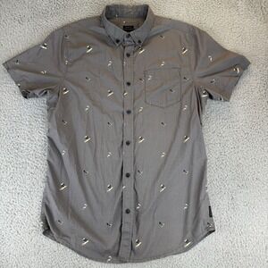 prAna Shirt Mens Medium Gray Shark Palm‎ Tree Short Sleeve Button Down Collared